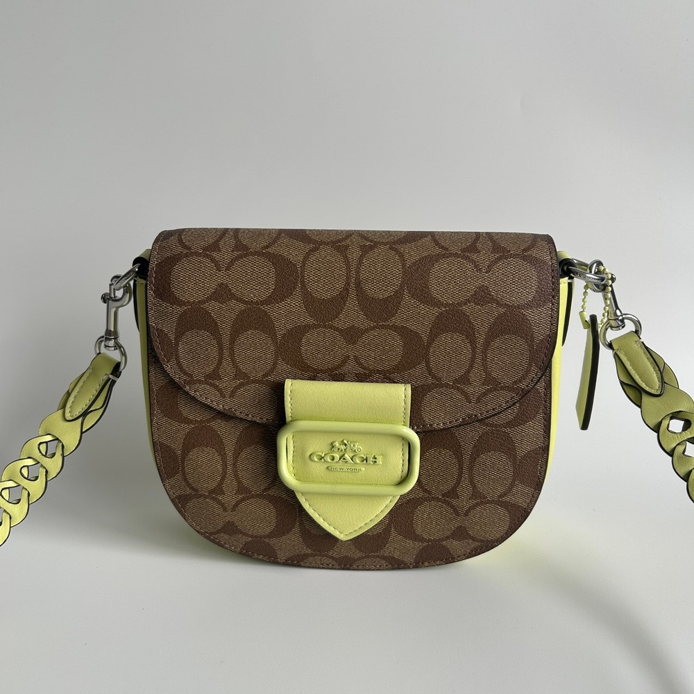 Coach Morgan Saddle Bag Brown‎ Lime Signature Canvas CJ615 Excellent